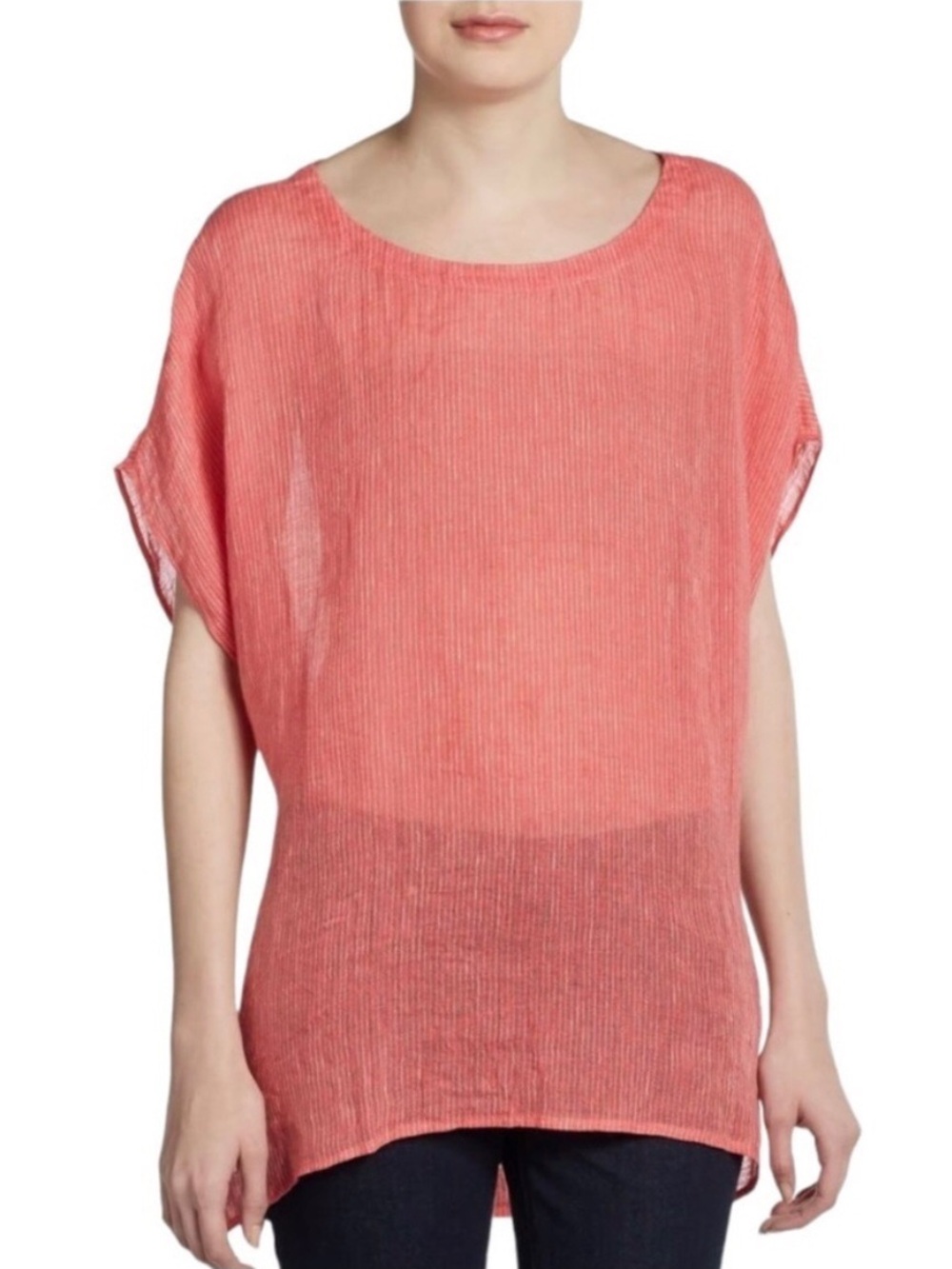 Eileen Fisher Pinstriped Linen Gauze Ballet Neck Boxy Tunic Top in Peony - Picture 6 of 10